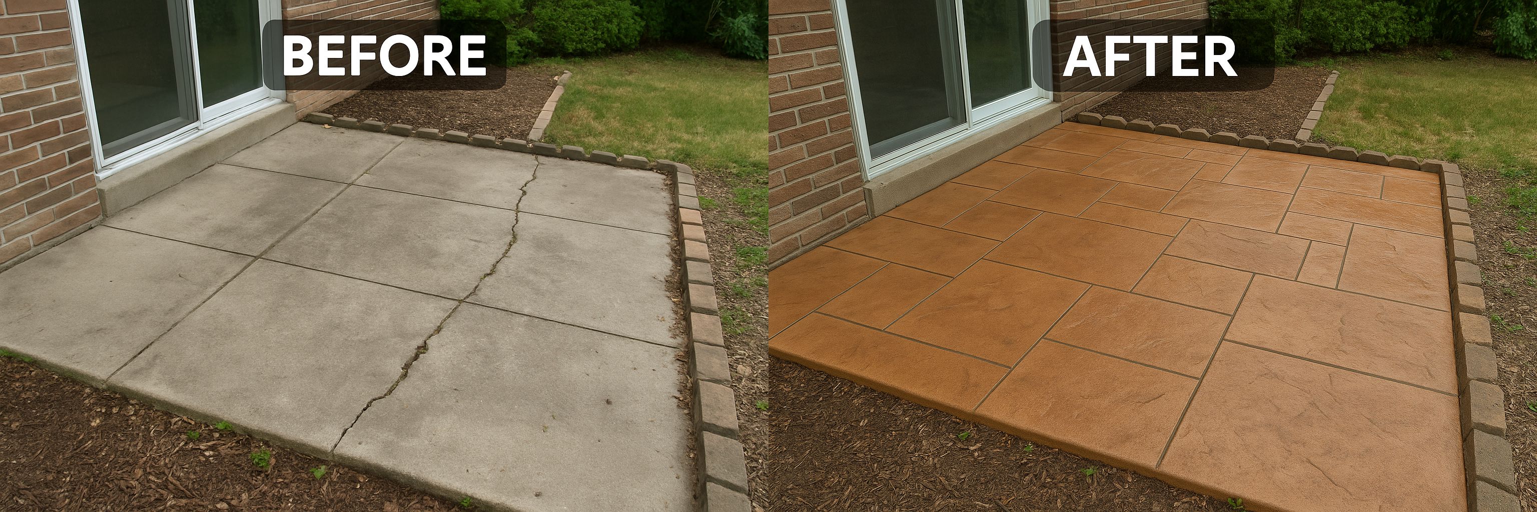 Decorative patio before and after - Loveland concrete repair